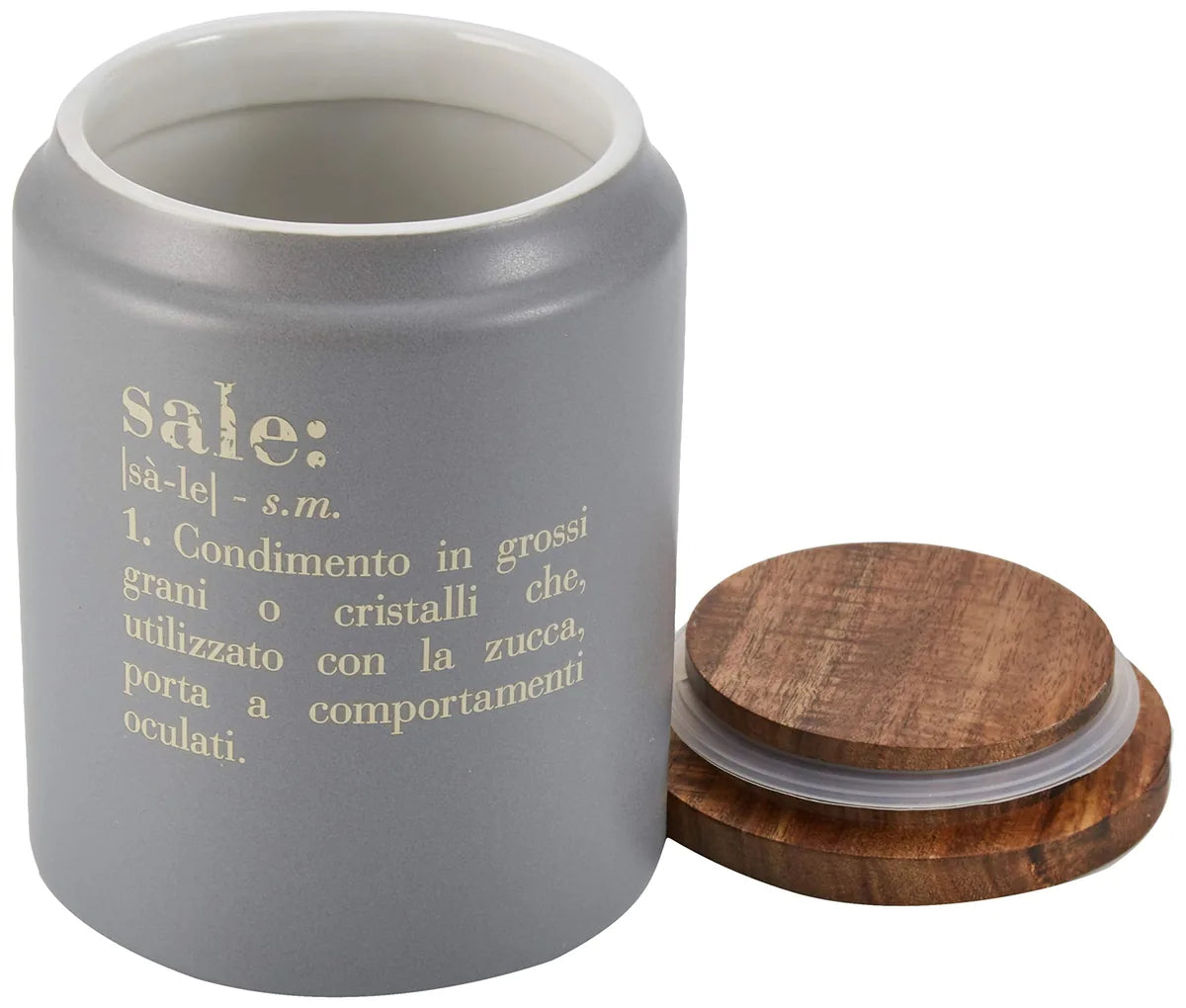 Villa d'Este Home Tivoli Barattolo Sale Victionary in gres grigio con coperchio bamboo 10,5x15 cm