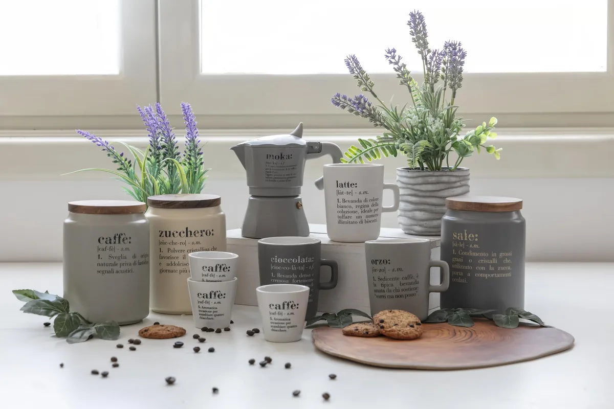 Villa d'Este Home Tivoli Barattolo Sale Victionary in gres grigio con coperchio bamboo 10,5x15 cm