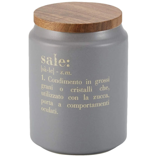 Villa d'Este Home Tivoli Barattolo Sale Victionary in gres grigio con coperchio bamboo 10,5x15 cm