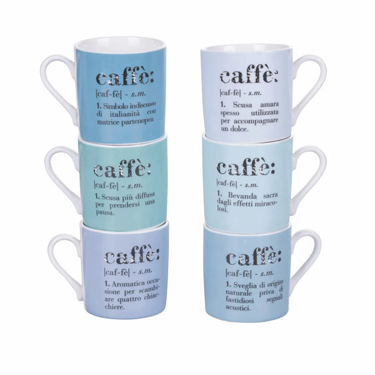 Villa d'Este Home Tivoli Set 6 Tazzine Victionary in new bone china blu con scritta