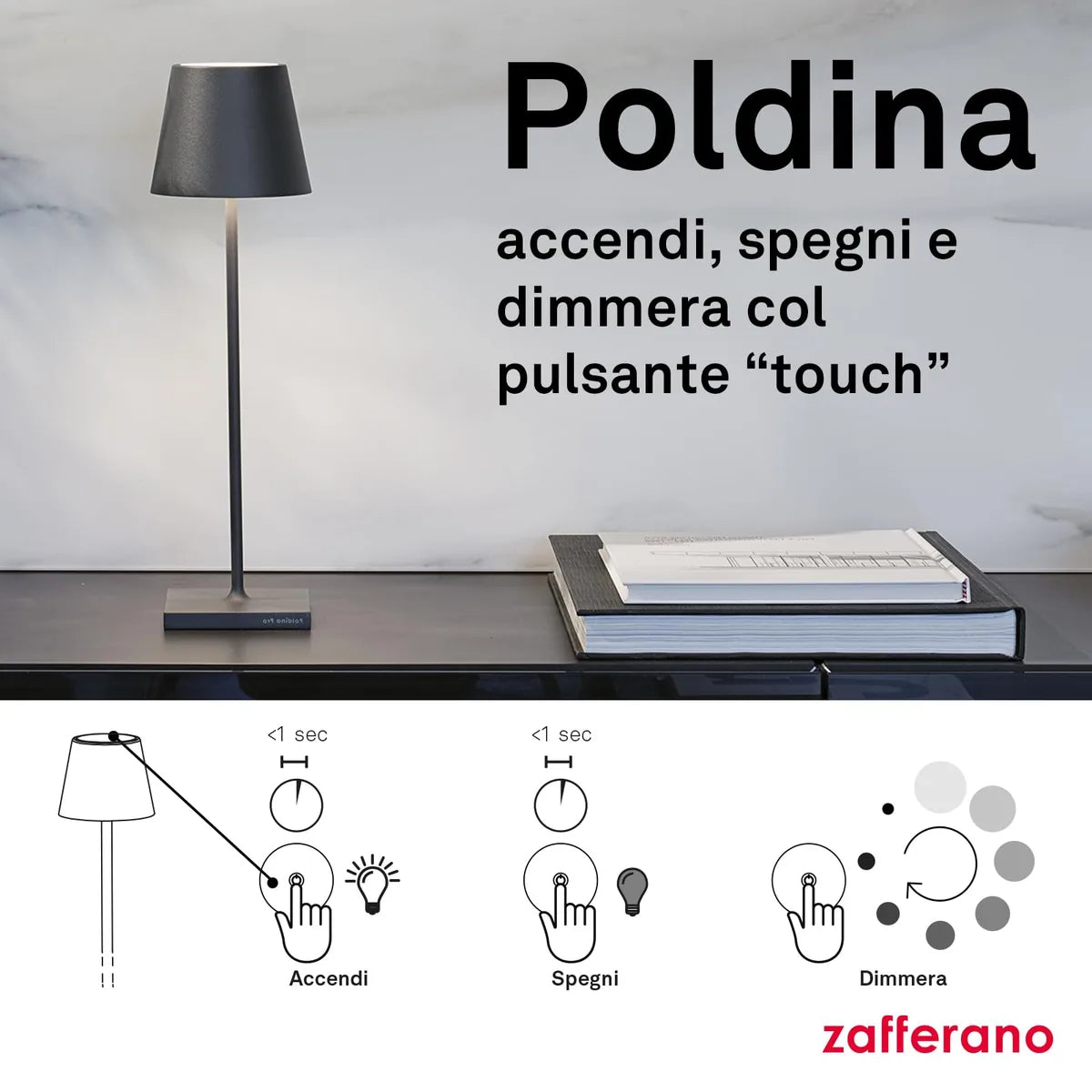 Zafferano Poldina lampada LED alluminio salvia con diffusore policarbonato e controllo touch